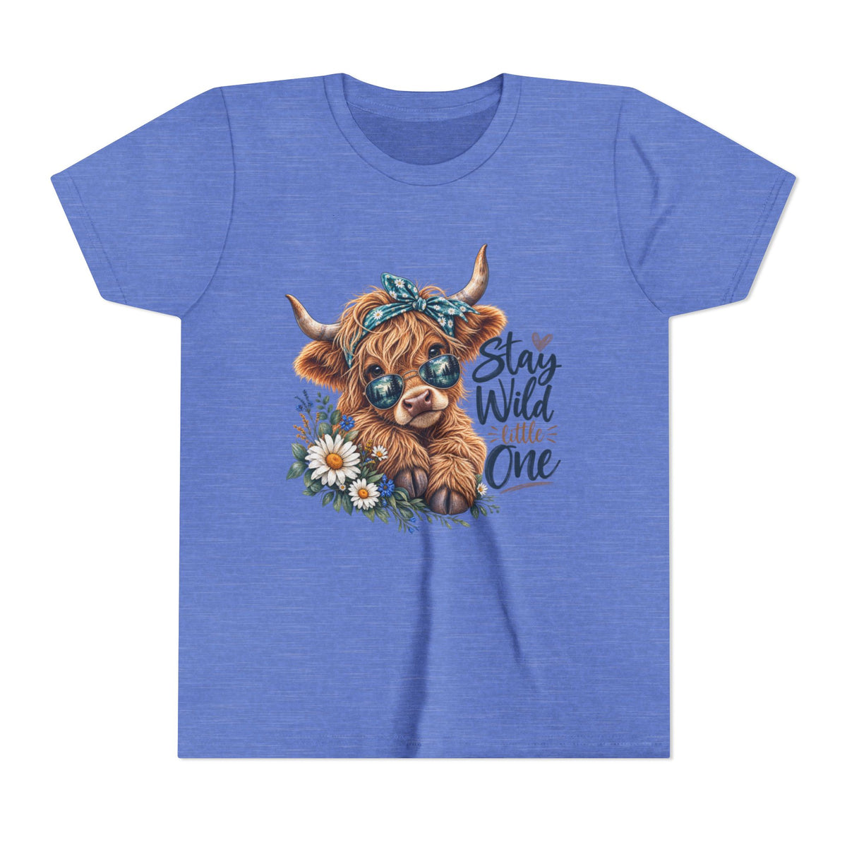 Stay Wild Little One Youth Tee — Cute Highland Cow with Daisies