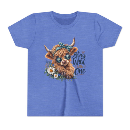 Stay Wild Little One Youth Tee — Cute Highland Cow with Daisies
