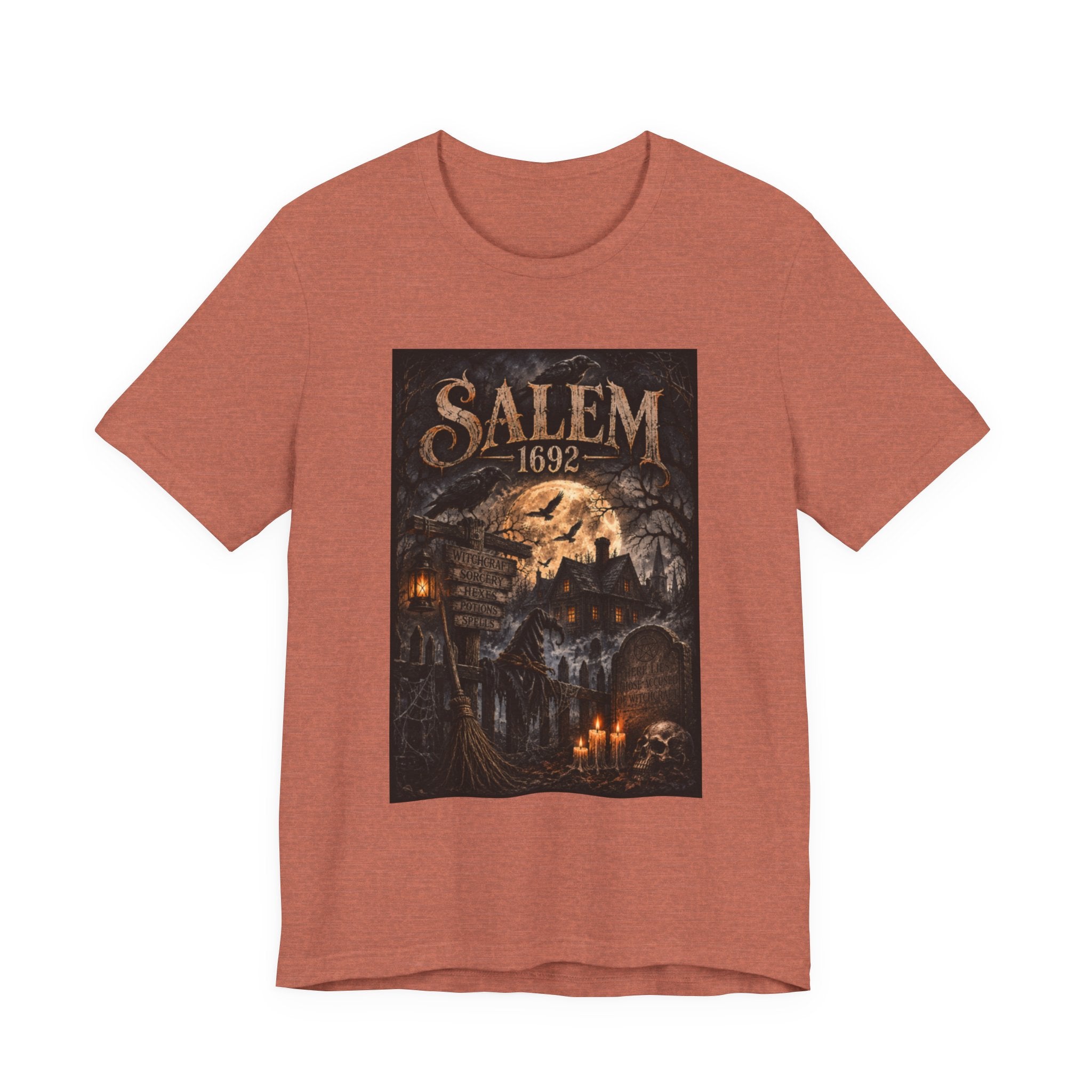 Salem 1692 Witchcraft Illustration Tee | Haunted Village, Moonlit Halloween