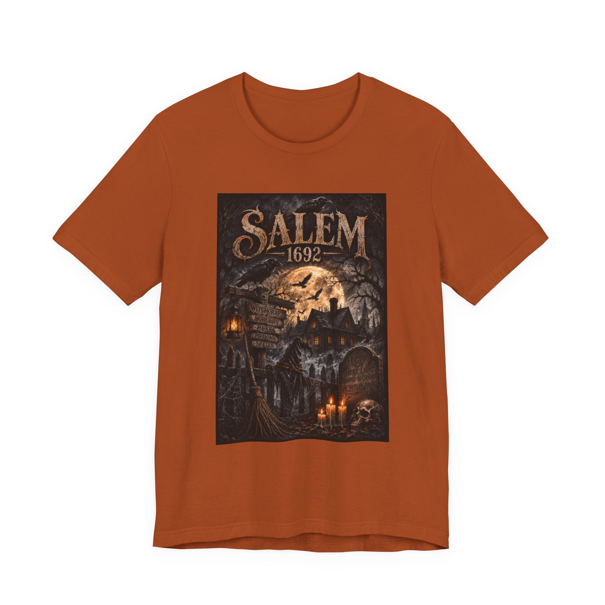 Salem 1692 Witchcraft Illustration Tee | Haunted Village, Moonlit Halloween