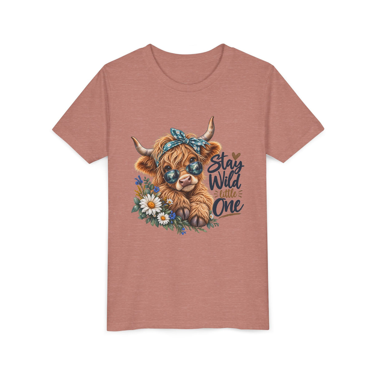 Stay Wild Little One Youth Tee — Cute Highland Cow with Daisies