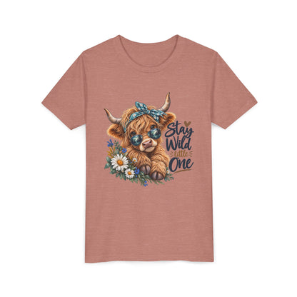 Stay Wild Little One Youth Tee — Cute Highland Cow with Daisies