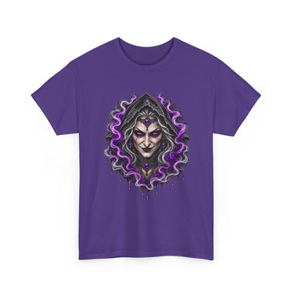 Witch Hood Graphic Tee — Dark Mystic Sorceress Shirt (Purple Drip)