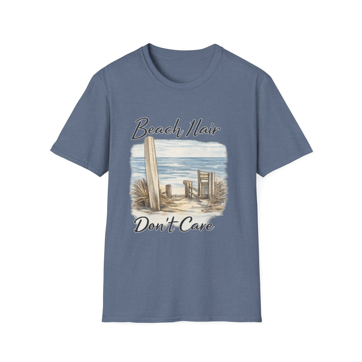 Beach Hair Don't Care T-Shirt — Coastal Surfboard & Chair Graphic Tee