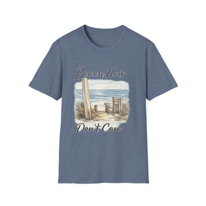 Beach Hair Don't Care T-Shirt — Coastal Surfboard & Chair Graphic Tee