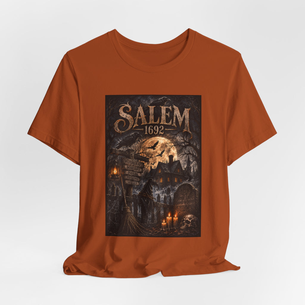 Salem 1692 Witchcraft Illustration Tee | Haunted Village, Moonlit Halloween