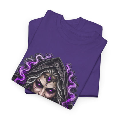 Witch Hood Graphic Tee — Dark Mystic Sorceress Shirt (Purple Drip)