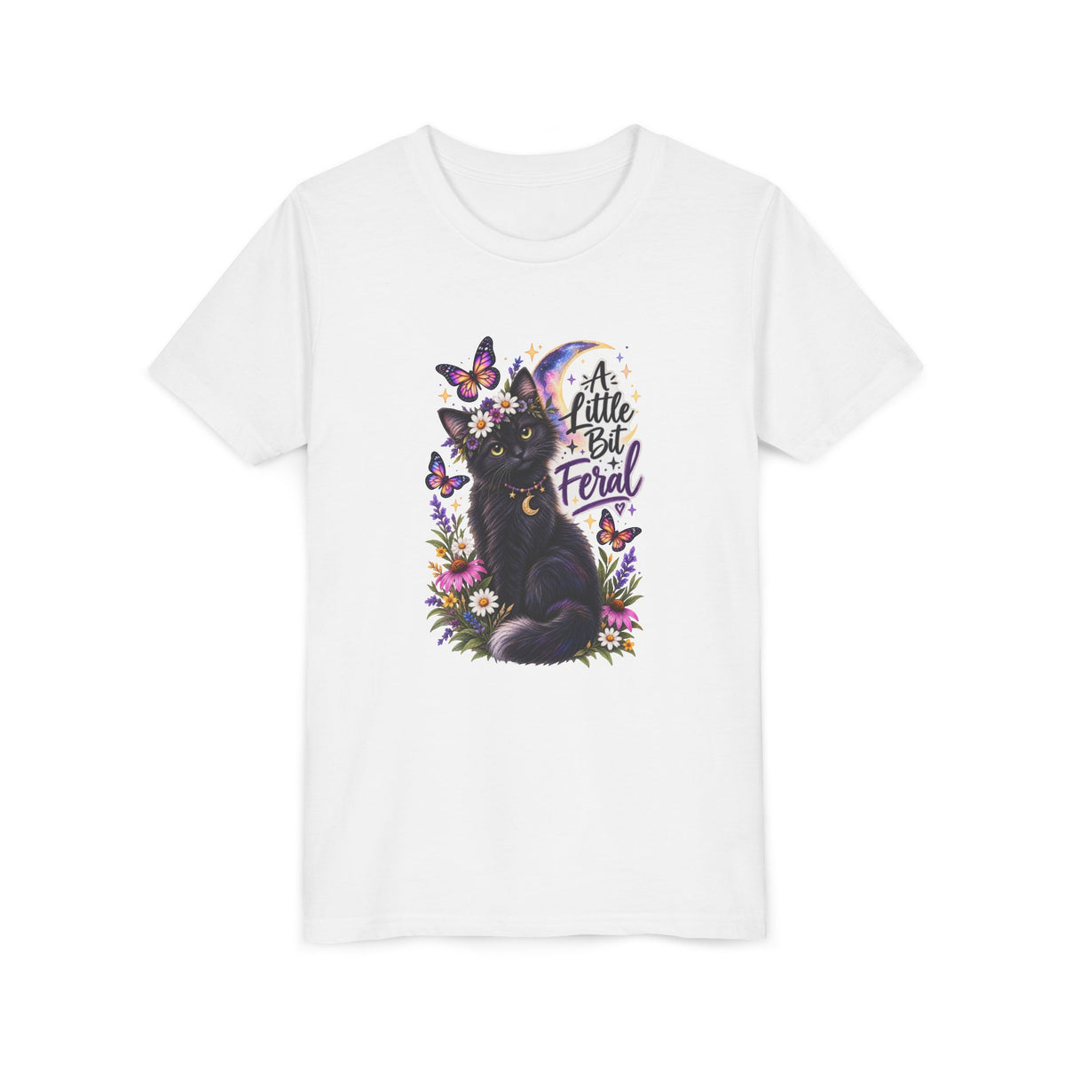 Youth Tee — Black Cat 'A Little Bit Feral' Butterfly Graphic
