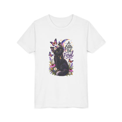 Youth Tee — Black Cat 'A Little Bit Feral' Butterfly Graphic