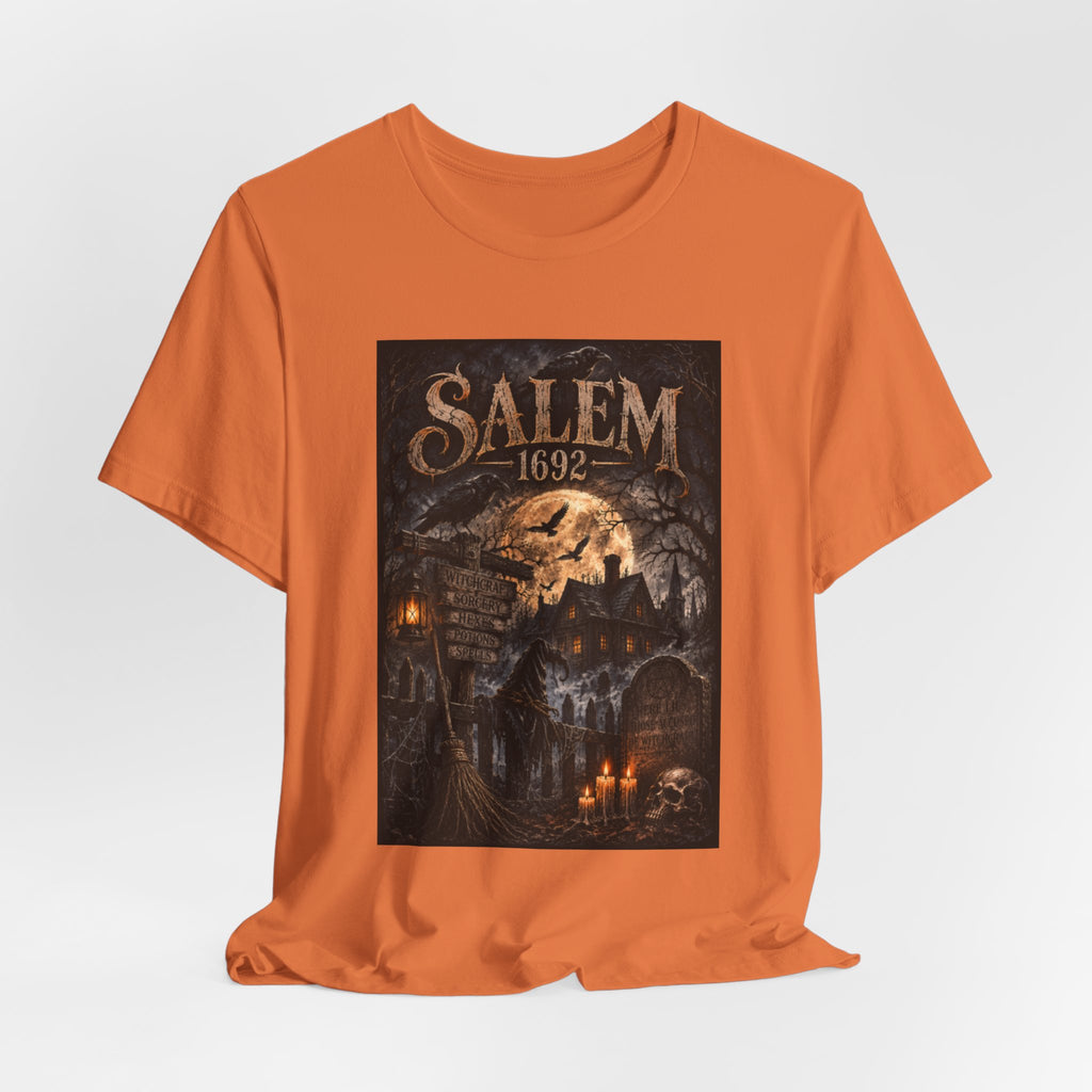 Salem 1692 Witchcraft Illustration Tee | Haunted Village, Moonlit Halloween