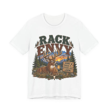 Rack Envy Deer Hunting T-Shirt — "Rack Envy" Graphic Tee with Buck & Forest Scene