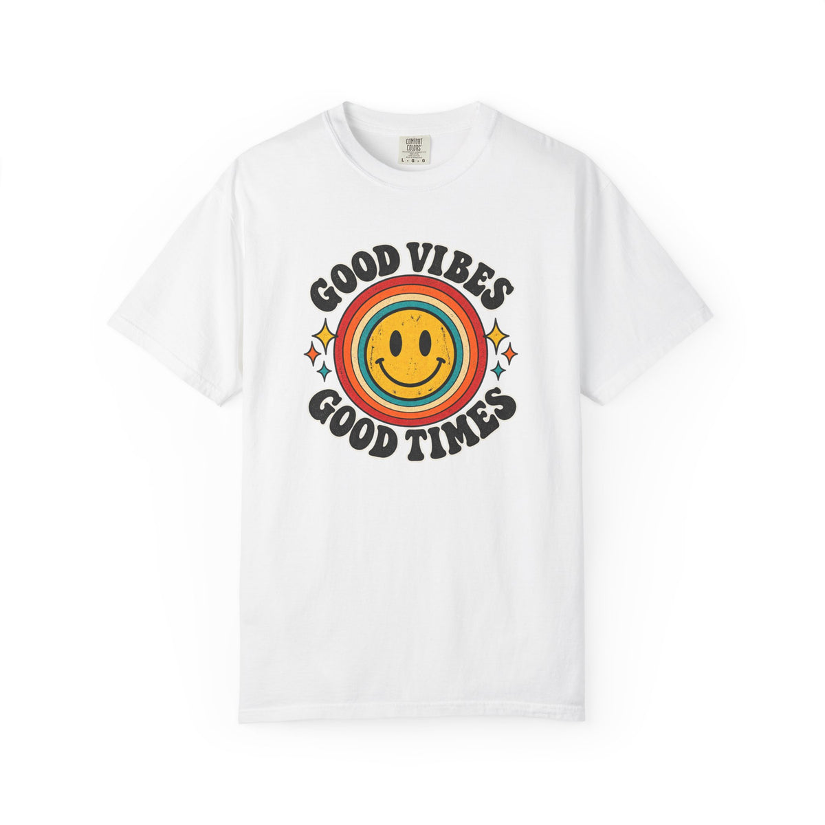 Good Vibes Good Times Smiley Face T-Shirt | Retro Rainbow Graphic