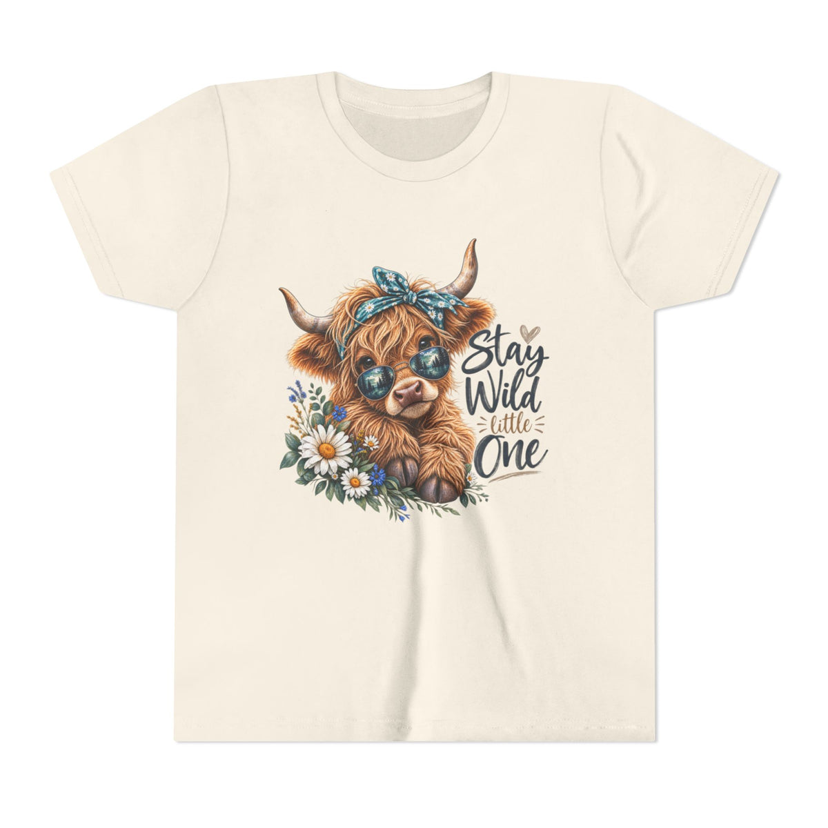 Stay Wild Little One Youth Tee — Cute Highland Cow with Daisies