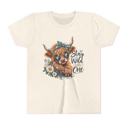 Stay Wild Little One Youth Tee — Cute Highland Cow with Daisies