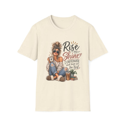 Rise and Shine Coffee Tee — 'I Caffeinate and Hope for the Best' Graphic T-Shirt