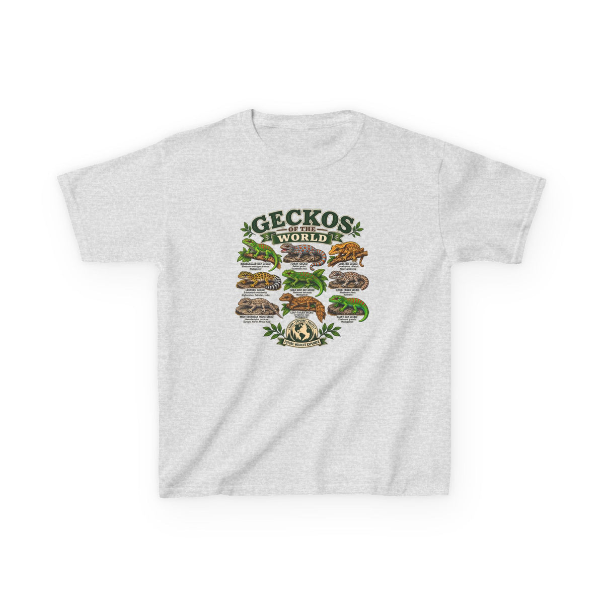 Kids T-Shirt — "Geckos of the World" Illustrated Reptile Tee