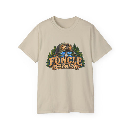 Uncle Camping T-Shirt — “Official Funcle” Outdoors Hat & Sunglasses Design