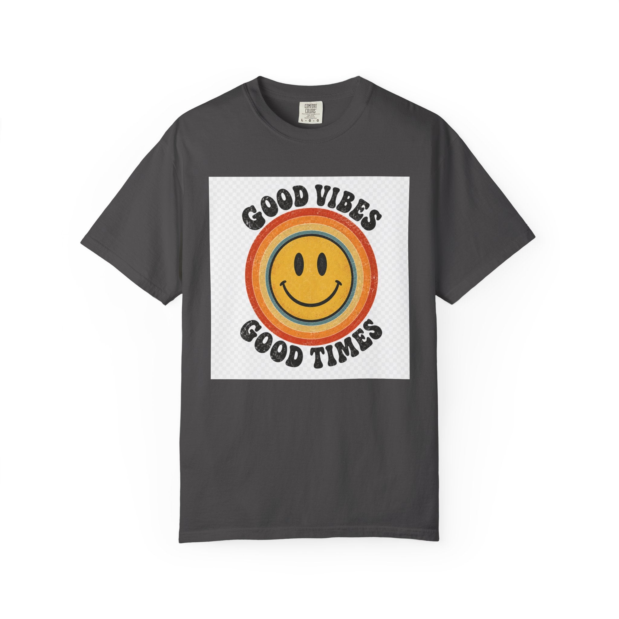Good Vibes Good Times Smiley Face T-Shirt | Retro Rainbow Graphic
