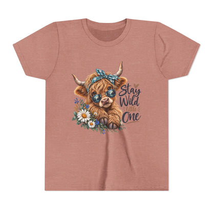 Stay Wild Little One Youth Tee — Cute Highland Cow with Daisies