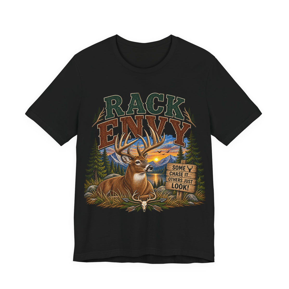 Rack Envy Deer Hunting T-Shirt — "Rack Envy" Graphic Tee with Buck & Forest Scene
