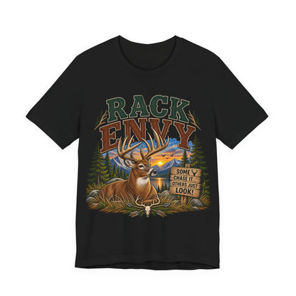 Rack Envy Deer Hunting T-Shirt — "Rack Envy" Graphic Tee with Buck & Forest Scene
