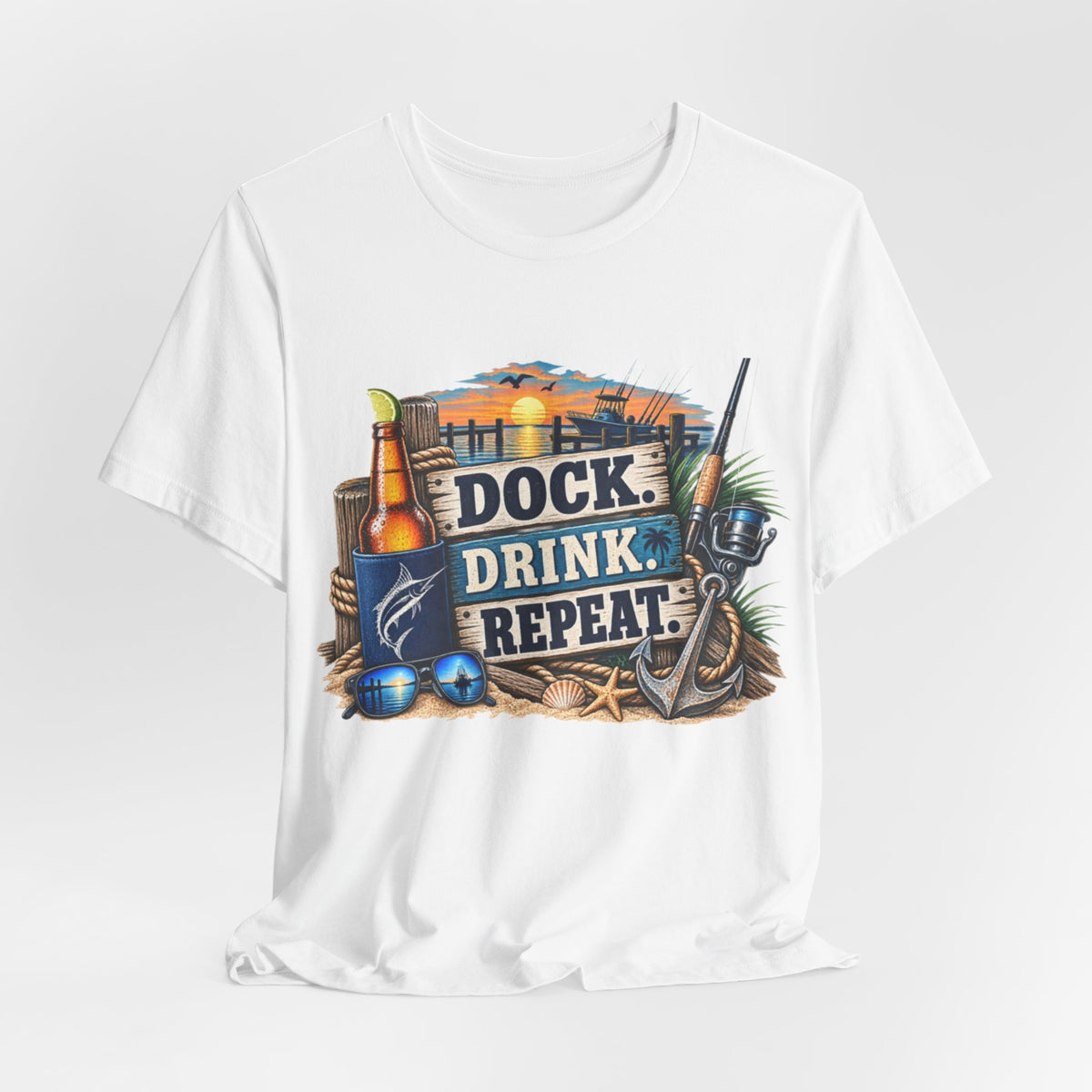 Dock. Drink. Repeat. Tee — Beach Bar Nautical T-Shirt for Boaters & Lake Lovers
