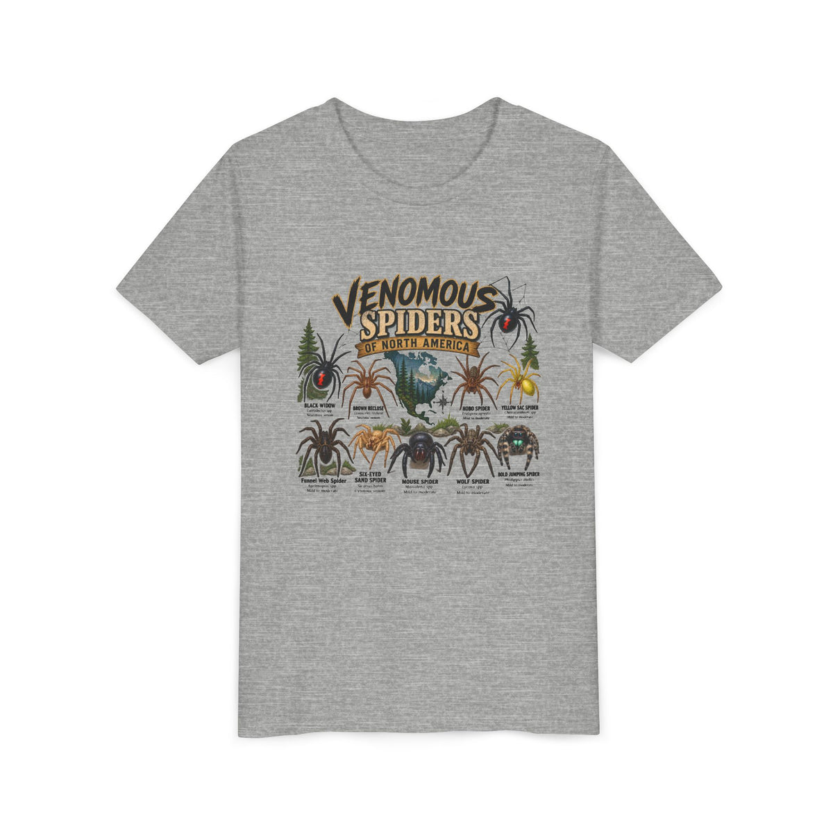 Youth Tee — "Venomous Spiders of North America" Educational Spider Illustration