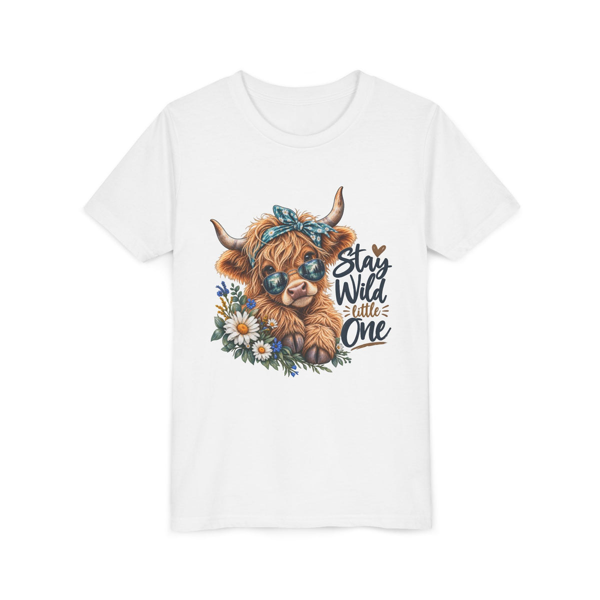 Stay Wild Little One Youth Tee — Cute Highland Cow with Daisies