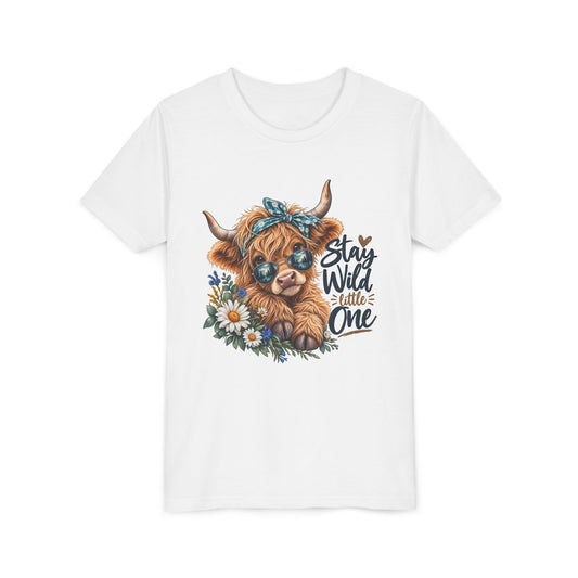 Stay Wild Little One Youth Tee — Cute Highland Cow with Daisies