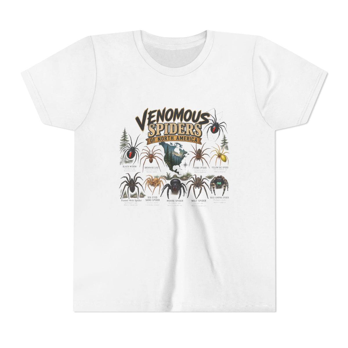 Youth Tee — "Venomous Spiders of North America" Educational Spider Illustration