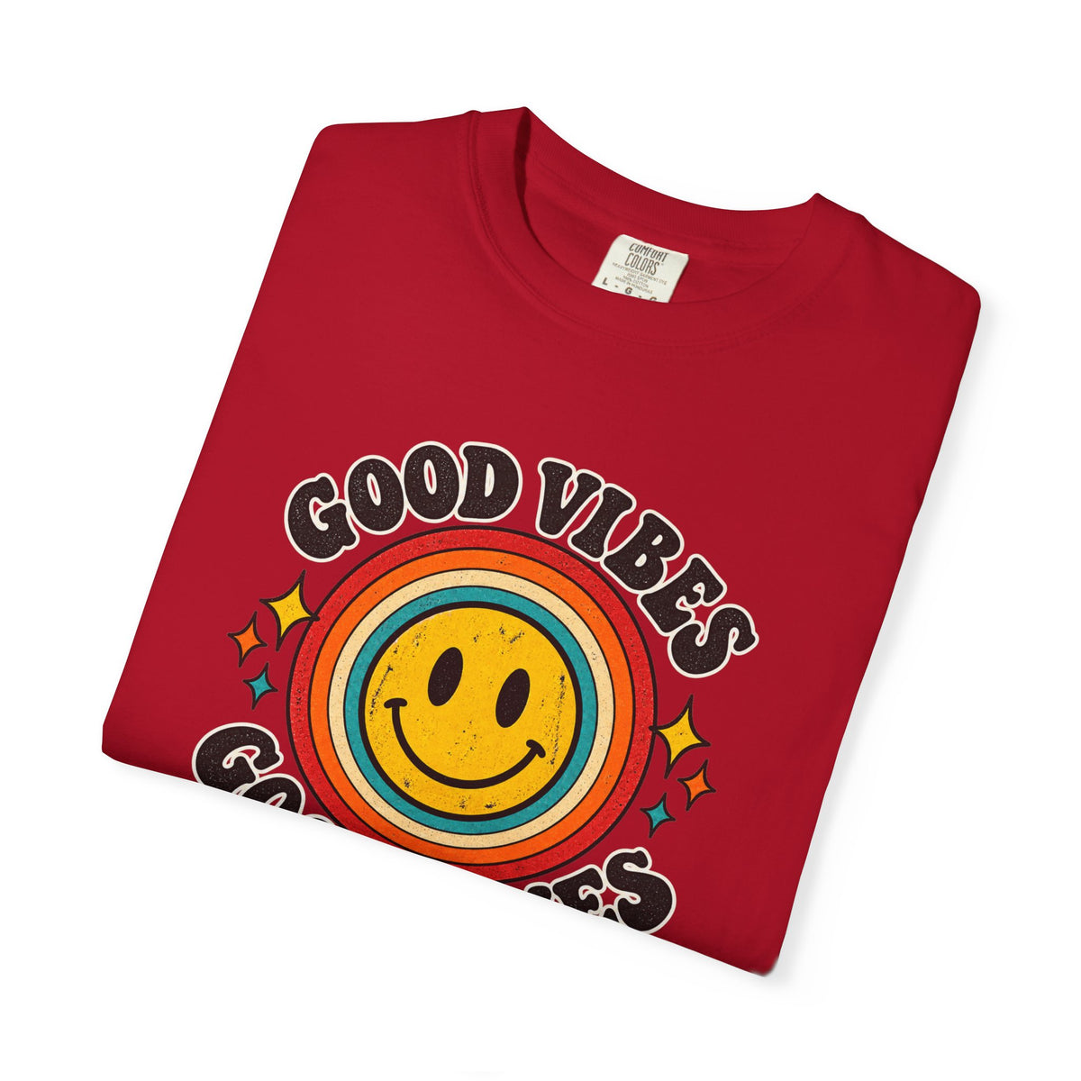 Good Vibes Good Times Smiley Face T-Shirt | Retro Rainbow Graphic