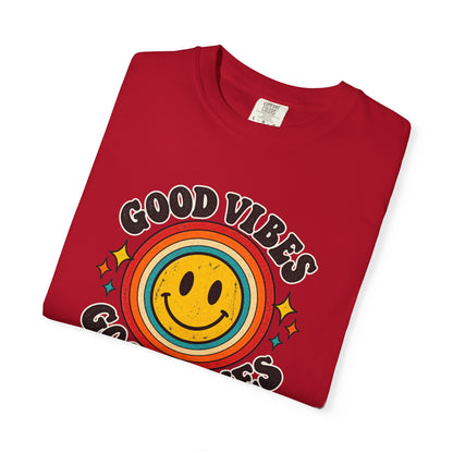 Good Vibes Good Times Smiley Face T-Shirt | Retro Rainbow Graphic