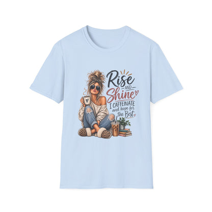 Rise and Shine Coffee Tee — 'I Caffeinate and Hope for the Best' Graphic T-Shirt