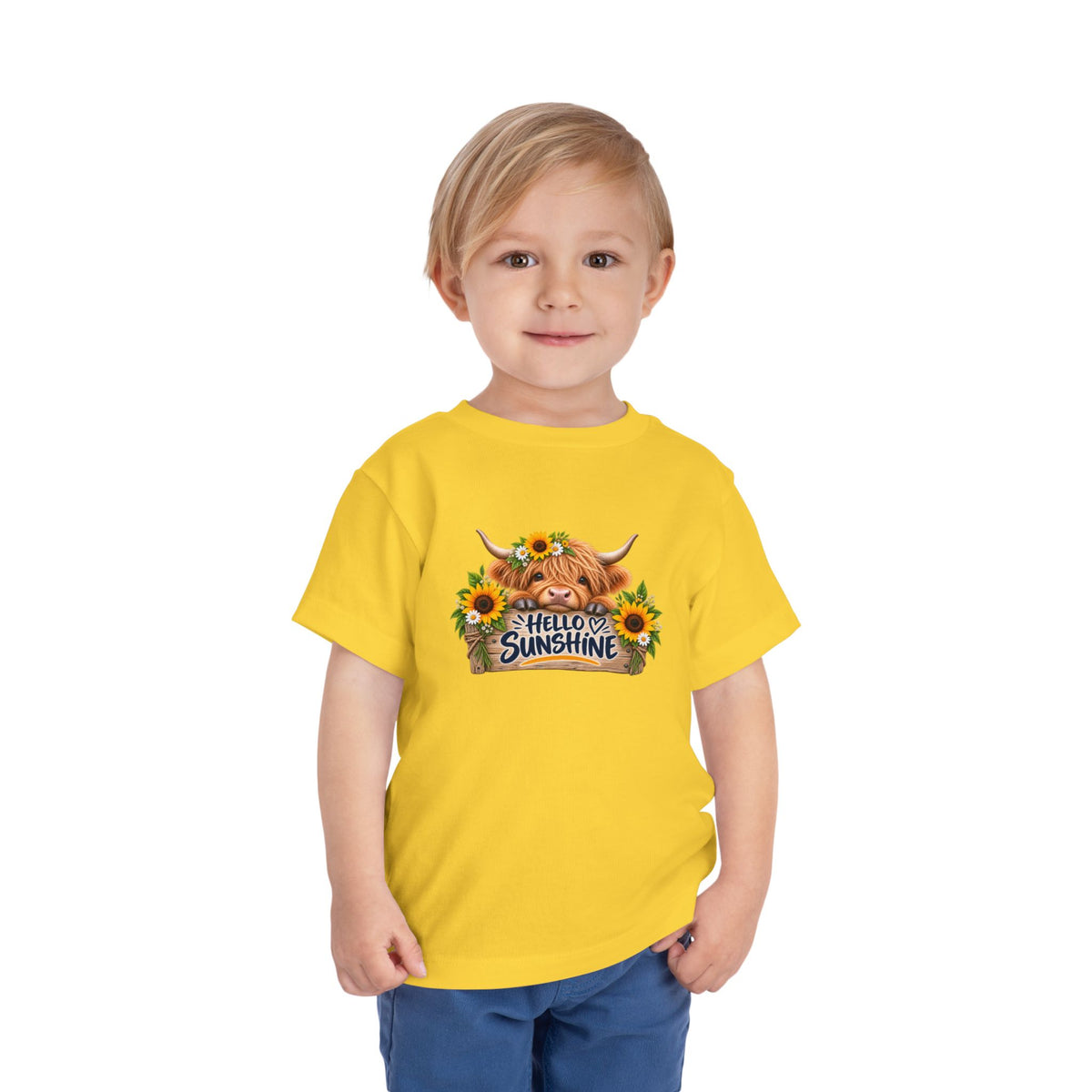 Hello Sunshine Toddler Tee — Sunflower Highland Cow Kids Shirt
