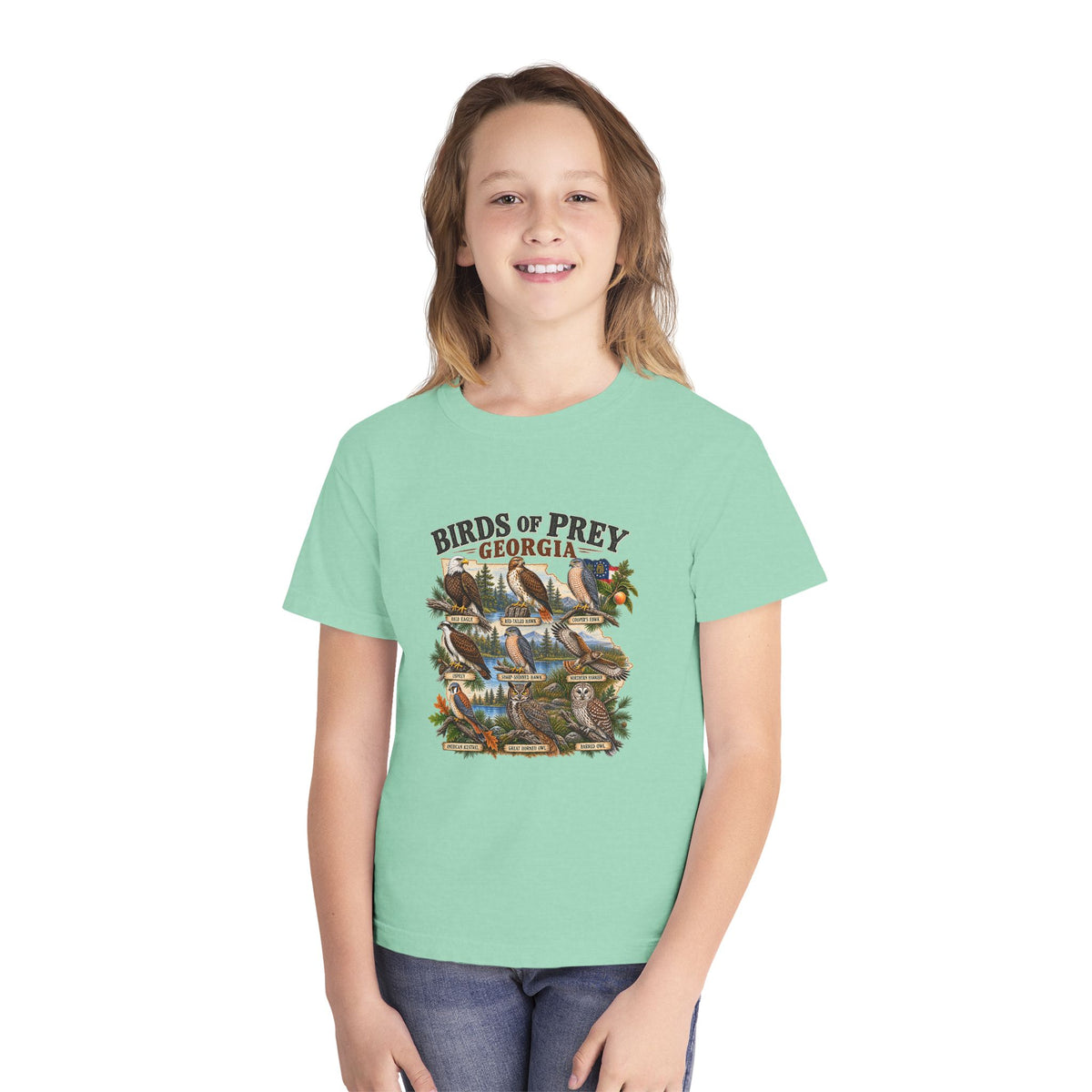 Youth Tee — 'Birds of Prey Georgia' Illustrated Wildlife Graphic