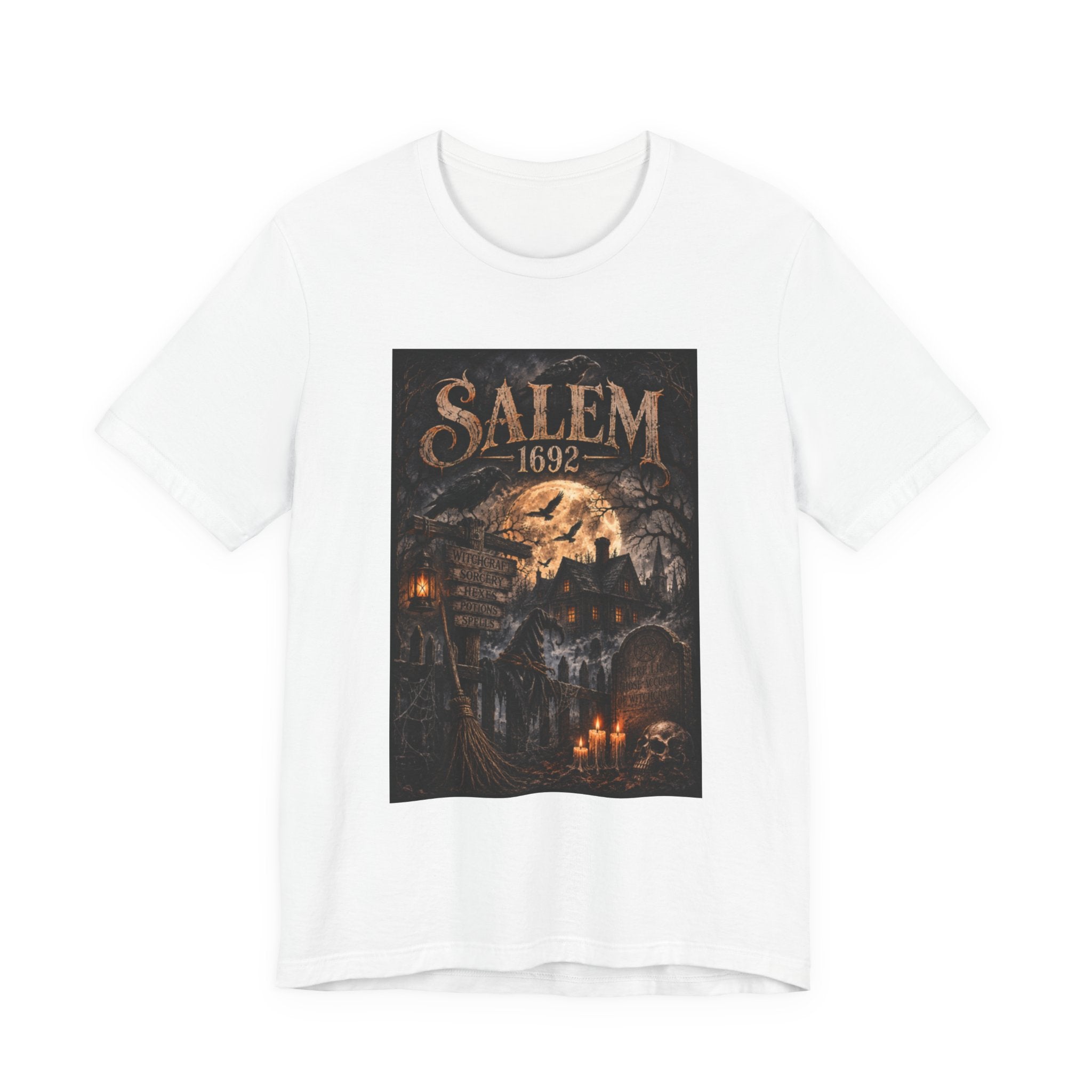 Salem 1692 Witchcraft Illustration Tee | Haunted Village, Moonlit Halloween