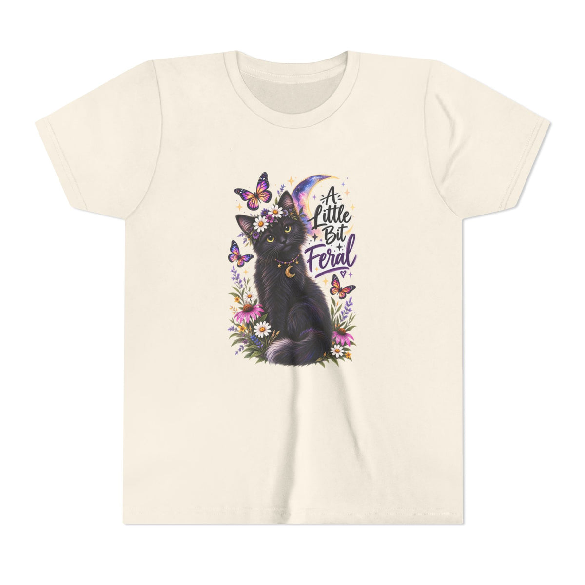 Youth Tee — Black Cat 'A Little Bit Feral' Butterfly Graphic