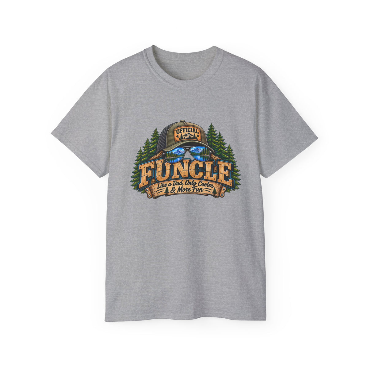 Uncle Camping T-Shirt — “Official Funcle” Outdoors Hat & Sunglasses Design
